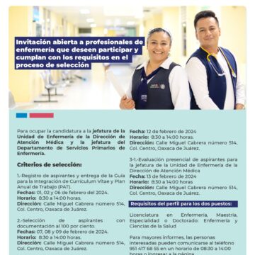 Invita SSO a ocupar jefaturas de Unidad de Enfermeríay Departamento de Servicios Primarios