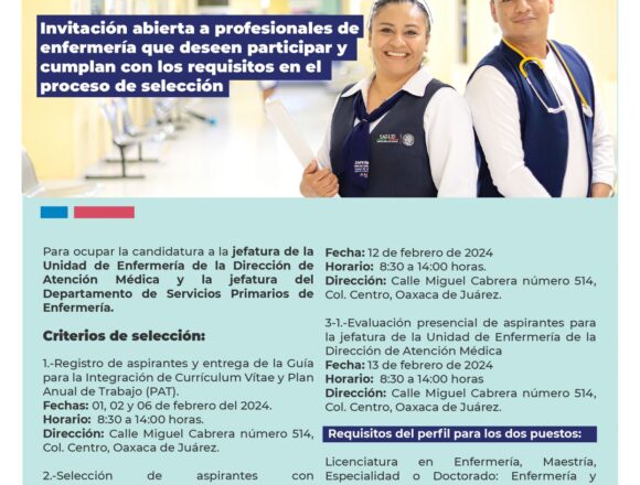 Invita SSO a ocupar jefaturas de Unidad de Enfermeríay Departamento de Servicios Primarios