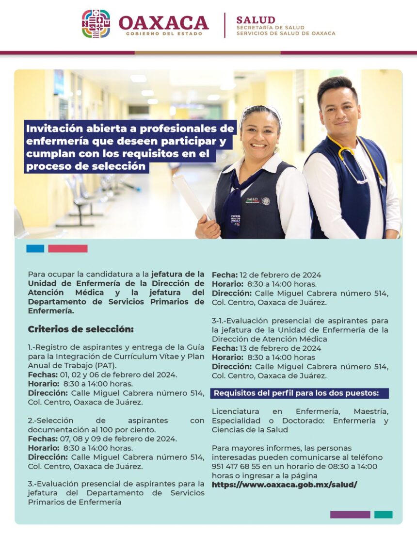 Invita SSO a ocupar jefaturas de Unidad de Enfermeríay Departamento de Servicios Primarios