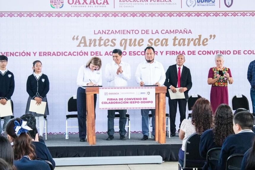 Con firma de convenio entre DDHPO y IEEPO, arranca campaña de prevención y erradicación del acoso escolar “Antes Que Sea Tarde”