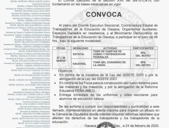 Sección 22 anuncia bloqueos en Oaxaca para este 27 y 28 de febrero.