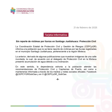 Sin reporte de víctimas por lluvias en Santiago Juxtlahuaca: Protección Civil