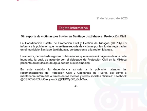 Sin reporte de víctimas por lluvias en Santiago Juxtlahuaca: Protección Civil