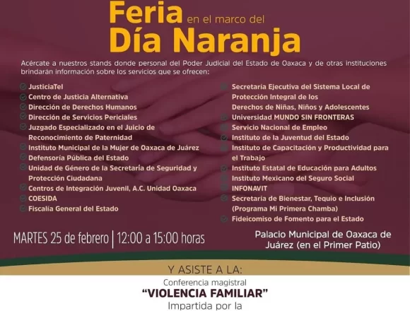 IMG-20250224-WA0039.jpg Municipio de Oaxaca de Juárez invita a la Feria del Día Naranja• Este 25 de febrero se realizará en el Palacio Municipal de 12:00 a 15:00 horas