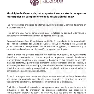 Municipio de Oaxaca de Juárez ajustará convocatoria de agentes municipales en cumplimiento de la resolución del TEEO
