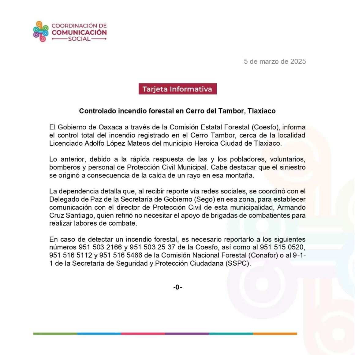 Controlado incendio forestal en Cerro del Tambor, Tlaxiaco