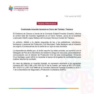 Controlado incendio forestal en Cerro del Tambor, Tlaxiaco