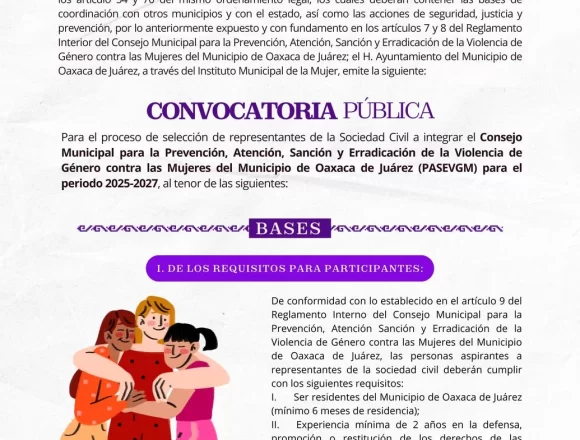 Continúa Convocatoria para Integrar el Consejo Municipal para la Prevención, Atención, Sanción y Erradicación de la Violencia de Género contra las Mujeres del Municipio de Oaxaca de Juárez