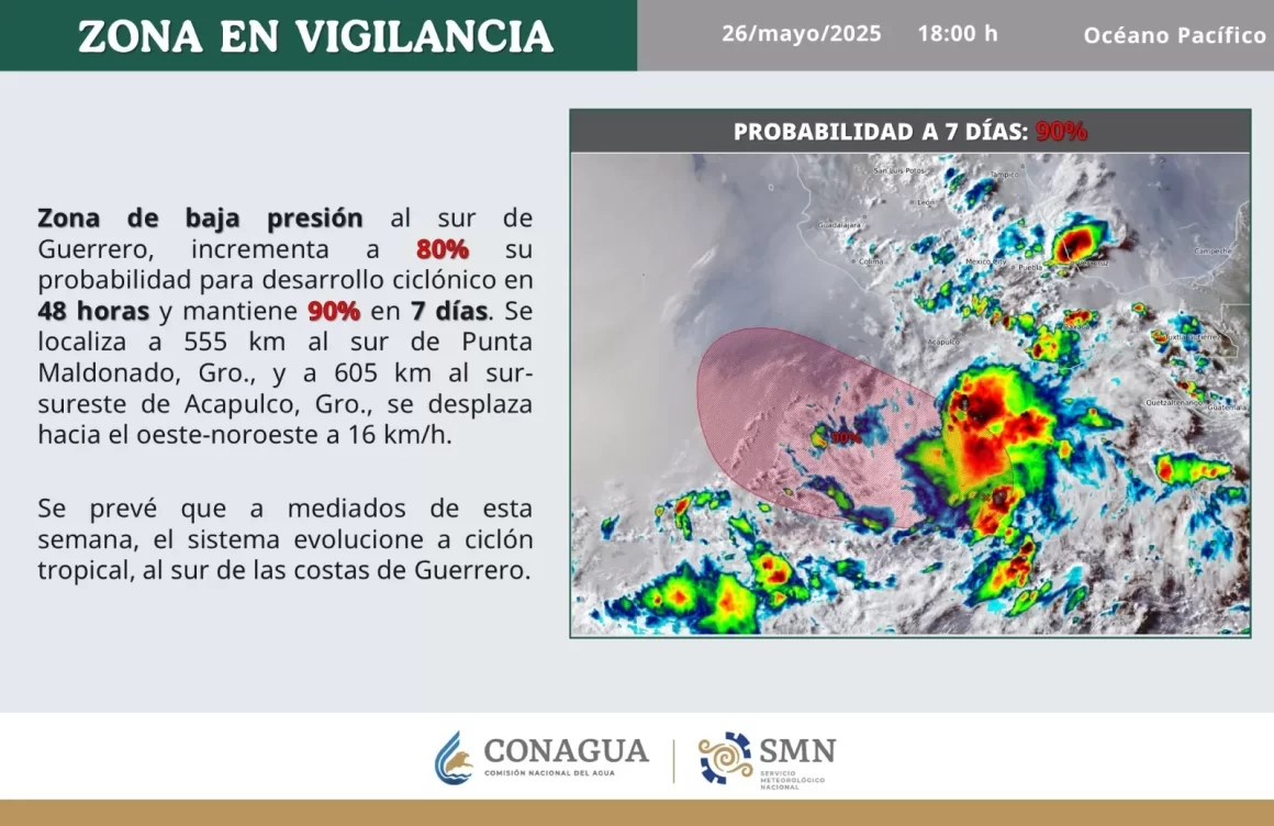 Informa Protección Civil sobre formación de un posible desarrollo ciclónico al sur de Guerrero