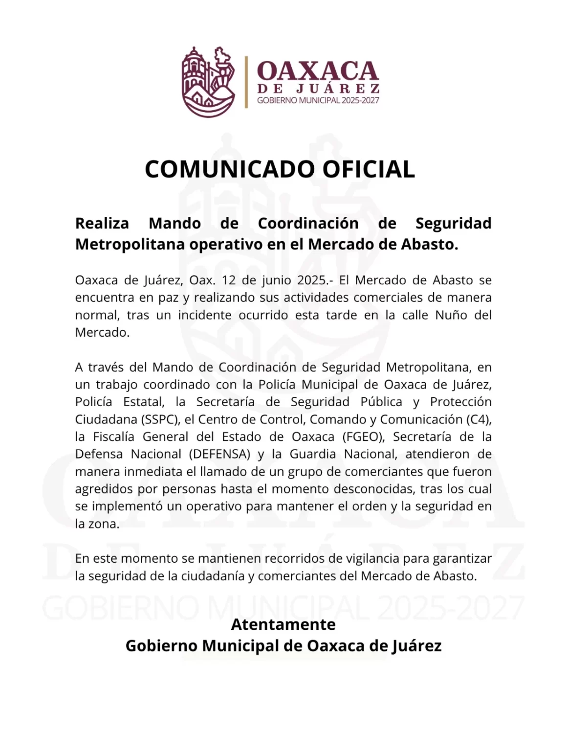 Realiza Mando de Coordinación de Seguridad Metropolitana operativo en el Mercado de Abasto