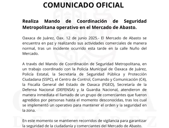 Realiza Mando de Coordinación de Seguridad Metropolitana operativo en el Mercado de Abasto