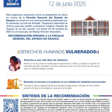 Emite DDHPO Recomendación 12/2025 por violaciones a derechos humanos a una vida libre de violencia y al acceso a la justicia dirigida a personal de la FGEO