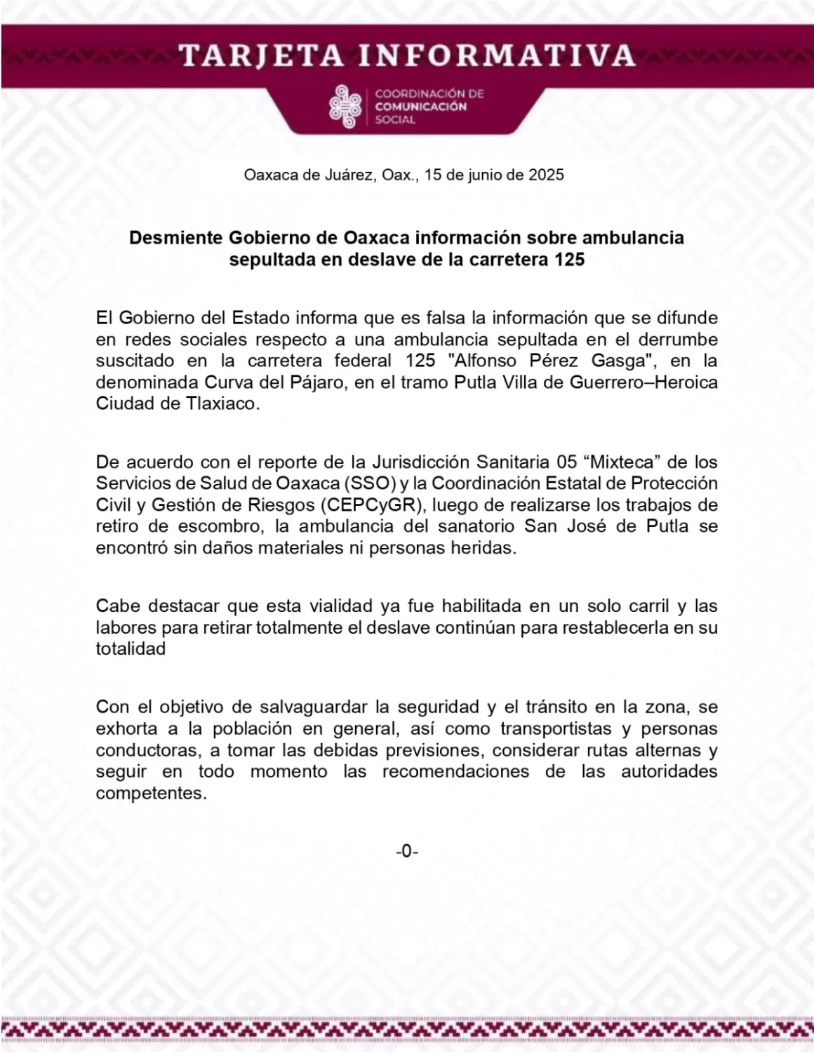 Desmiente Gobierno de Oaxaca información sobre ambulancia sepultada en deslave de la carretera 125
