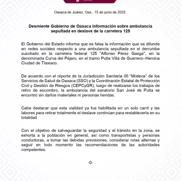Desmiente Gobierno de Oaxaca información sobre ambulancia sepultada en deslave de la carretera 125