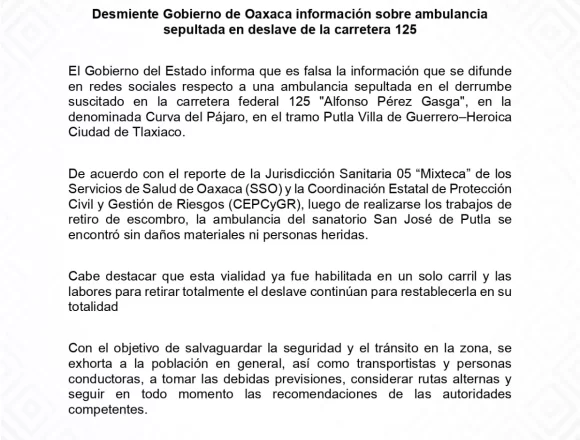 Desmiente Gobierno de Oaxaca información sobre ambulancia sepultada en deslave de la carretera 125