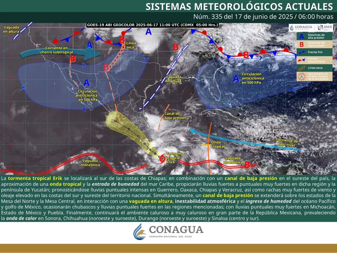 Depresión tropical Cinco-E frente a costas de Oaxaca, se prevé su intensificación a tormenta tropical Erick