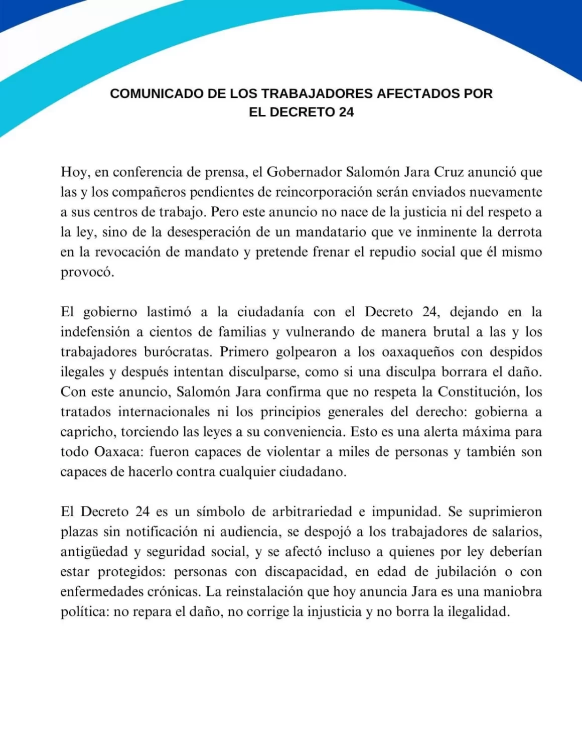Trabajadores afectados por el Decreto 24 acusan maniobra política en anuncio de reinstalación