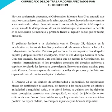 Trabajadores afectados por el Decreto 24 acusan maniobra política en anuncio de reinstalación