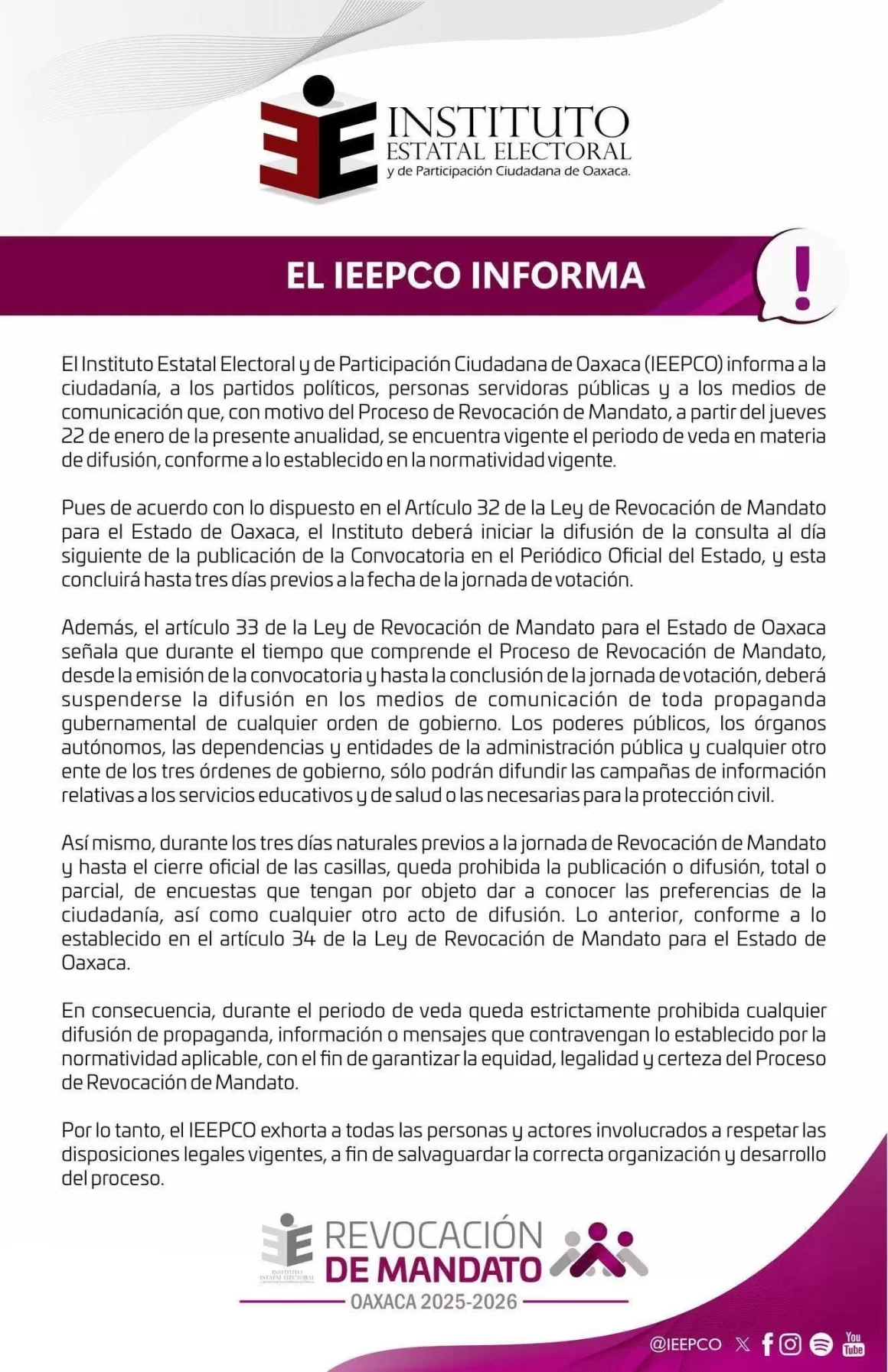 IEEPCO anuncia inicio de veda de difusión por Proceso de Revocación de Mandato en Oaxaca