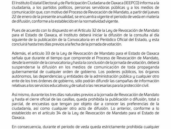 IEEPCO anuncia inicio de veda de difusión por Proceso de Revocación de Mandato en Oaxaca
