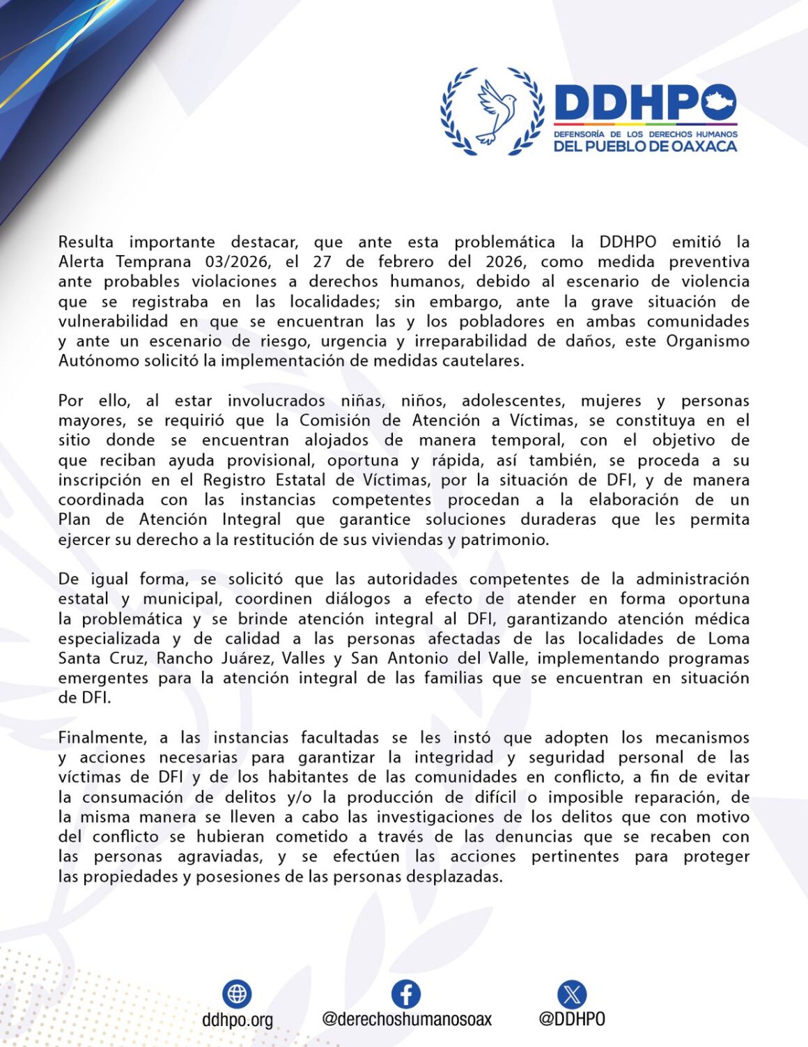 Emite DDHPO Medida Cautelar 02/2026, por Desplazamiento Forzado Interno y presuntas violaciones al derecho a la seguridad, libre tránsito, libertad, a la salud y a la alimentación en favor de pobladores de San Juan Mazatlán, Mixe y Santo Domingo Petapa.