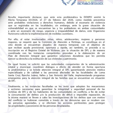 Emite DDHPO Medida Cautelar 02/2026, por Desplazamiento Forzado Interno y presuntas violaciones al derecho a la seguridad, libre tránsito, libertad, a la salud y a la alimentación en favor de pobladores de San Juan Mazatlán, Mixe y Santo Domingo Petapa.