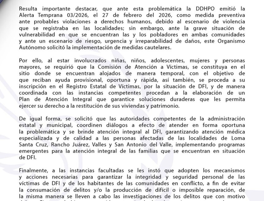 Emite DDHPO Medida Cautelar 02/2026, por Desplazamiento Forzado Interno y presuntas violaciones al derecho a la seguridad, libre tránsito, libertad, a la salud y a la alimentación en favor de pobladores de San Juan Mazatlán, Mixe y Santo Domingo Petapa.