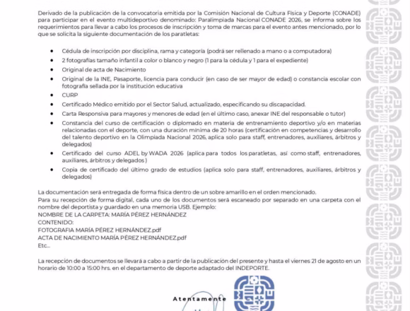 IMG-20260812-WA0039 Abren recepción de documentos para la Paralimpiada Nacional CONADE 2026.